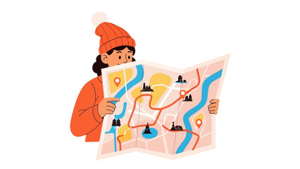 A person in a winter hat studying a colorful travel map for directions and landmarks