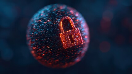 A glowing digital sphere with a padlock symbolizing security and protection in the realm of technology.