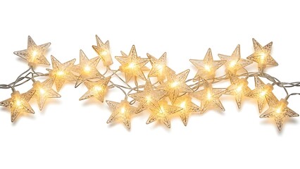 A strand of illuminated, warm white star-shaped LED string lights for Christmas or holiday decoration, isolated on a white background.
