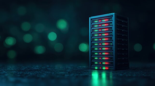 A futuristic data server with colorful lights, set against a blurred background, emphasizing technology and digital connectivity.