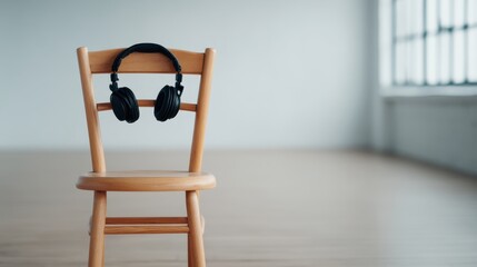 A wooden chair with black headphones resting on the back, set in a spacious, minimalistic room with large windows.
