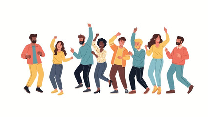 Fototapeta premium A diverse group of happy young people dancing together in a joyful celebration, flat vector illustration