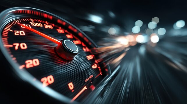 A close-up of a speedometer showing high speed, with a blurred background suggesting rapid motion, emphasizing velocity and thrill.