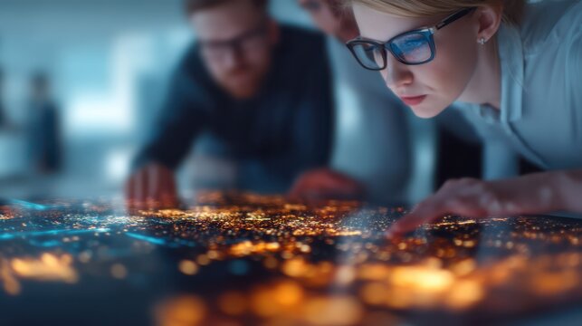 A woman examines a digital map displaying illuminated city areas, while two colleagues observe, highlighting teamwork and technology in action.