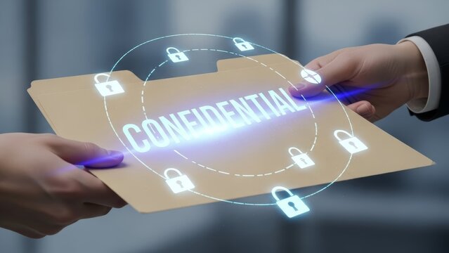 Holographic Confidential Folder with Digital Lock Icons for Privacy