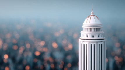 A close-up view of a towering building's dome, set against a blurred cityscape, showcasing architectural details and soft bokeh lights.