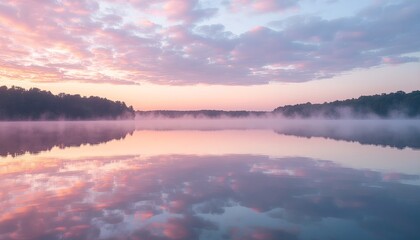 Obraz premium Ethereal Lake Sunrise: Misty Reflections of Pink and Lavender Clouds