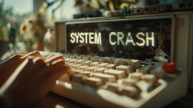 A close-up of a hand typing on a vintage keyboard displaying "SYSTEM CRASH," suggesting a tech failure or computer malfunction.