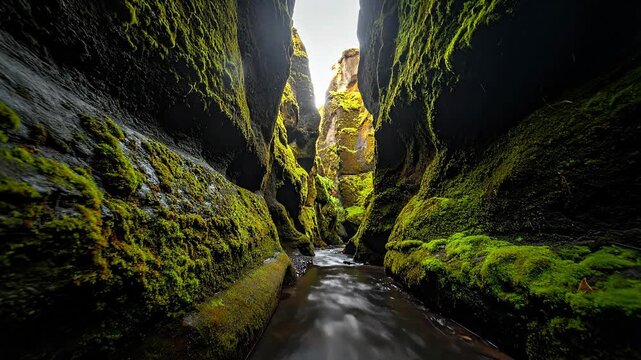 Narrow Canyon With Moss Covered Walls And A River Flowing Through The Center In Sunlight