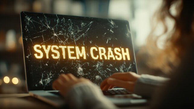 A person types on a laptop displaying the message "SYSTEM CRASH," indicating a technical failure or malfunction.
