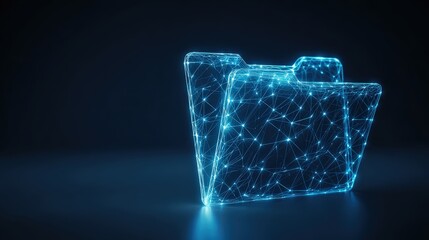 Digital folder represented by a glowing blue network, against a dark backdrop. The digital folder, illuminated by a network of glowing lines. ..Created with Generative AI, not depicting real subjects.