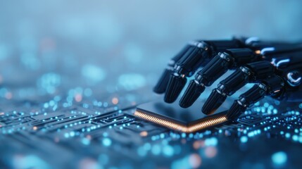 A futuristic robotic hand interacts with a microprocessor on a circuit board, symbolizing advanced technology and artificial intelligence.