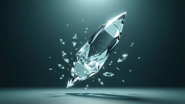 Gleaming crystal structure with floating fragments