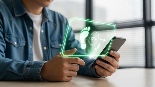 Casual Man with Smartphone and Futuristic Holographic Interface - Powered by Adobe