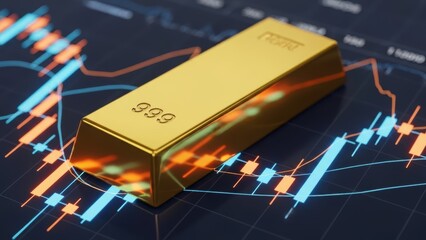 Gold bar with stock market chart in background. Investment concept and financial prosperity. Currency exchange forecast in an economic crisis.