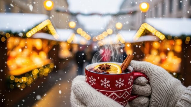 Woman in knitted glove holding hot mulled wine with orange and cinnamon against festive Christmas market. Warm drink for winter holiday.