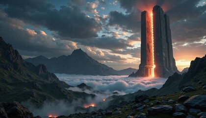 fantasy tower in the misty mountain valley