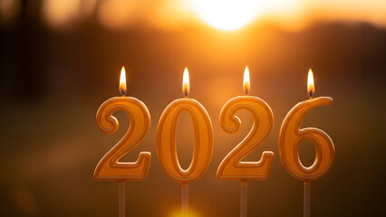 Symbolic representation of the year 2026 with glowing number candles against a vibrant, soft-focus sunset, ideal for themes of future, hope, and new beginnings