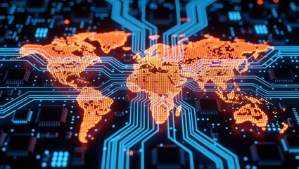 Digital world map on circuit board with glowing lines