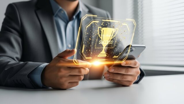 Man in Grey Suit Using Smartphone with Holographic Interface Display