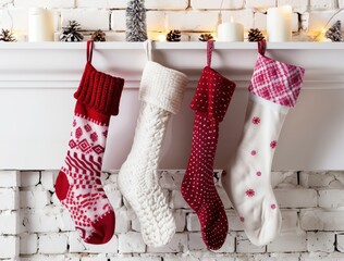 Festive Christmas Stockings Hanging on a Mantelpiece with Candles and Decorations