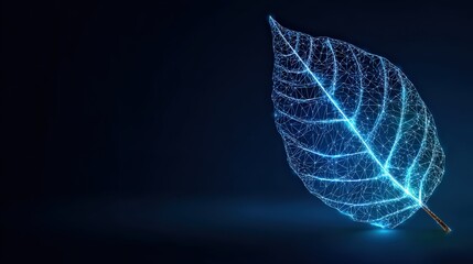 A futuristic leaf rendered in vibrant blue light against a deep background, symbolizing the fusion of nature and technology. ..Created with Generative AI, not depicting real subjects.
