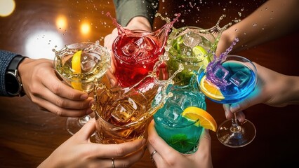 Man and women clinking colorful cocktails with splashes. Concept of celebration and happy hour for banner or festive advertisement.