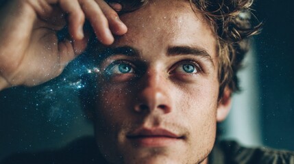 A young man with curly hair and striking blue eyes sits in a quiet room lost in thought about the universe and life possibilities under a starry backdrop.