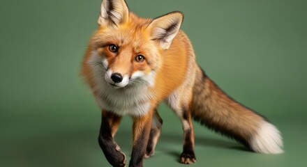 Fototapeta premium Charming Red Fox Walking on a Green Background in Bright Light
