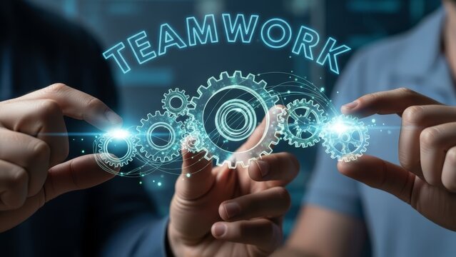 Hands Assembling Holographic Gears in a Teamwork Concept Display