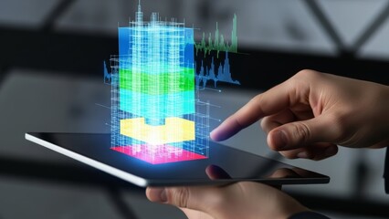 Holographic Building Blueprint Projected on Tablet in Hand
