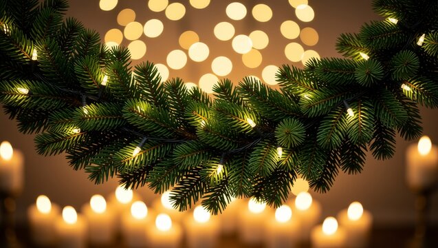Evergreen branches with string lights and warm bokeh background - Powered by Adobe