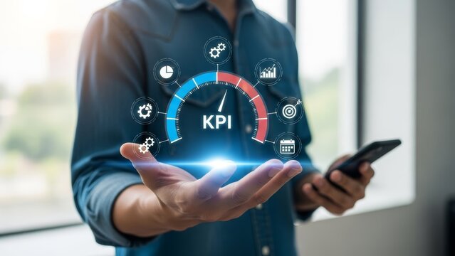 Businessman Analyzing KPI Metrics with Digital Dashboard Display