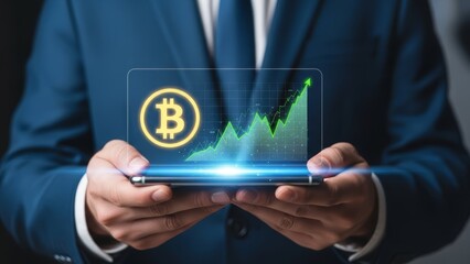 Businessman in Navy Suit Holding Smartphone with Holographic Bitcoin Graph