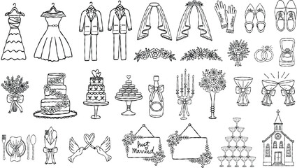 Whimsical wedding elements. Hand drawn line art vector illustrations of bride and groom's attire, accessories, and other decorative elements. 