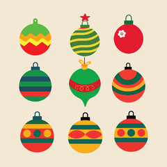 A colorful set of Christmas ornament vector icons featuring festive baubles in various shapes, patterns, and bright holiday colors. Perfect for Christmas designs, decorations, and seasonal graphics.