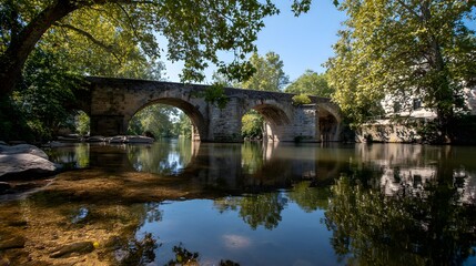 Ancient Stone Bridge Spanning a Serene River with Lush Green Trees and Clear Blue Sky Reflected in Water.