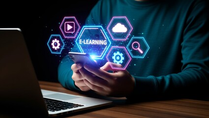 Person holding smartphone with elearning digital icons