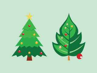 Two festive Christmas tree vector illustrations with golden stars, colorful ornaments, and simple flat design style on a light background. Perfect for holiday cards, decorations, and seasonal graphic 