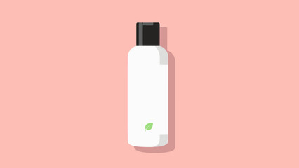 Cosmetic Bottle Illustration with Leaf Icon on Soft Pink Background