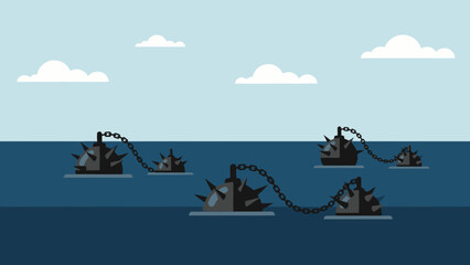 Fototapeta premium A treacherous sea filled with a network of chained naval mines, symbolizing hidden dangers and strategic risks