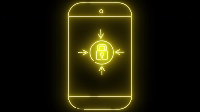Yellow neon phone outline with lock icon  arrows converging