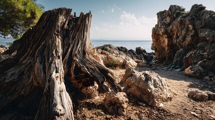 Fototapeta premium Ancient tree stump and rugged rocks on a sunlit Mediterranean coastline.