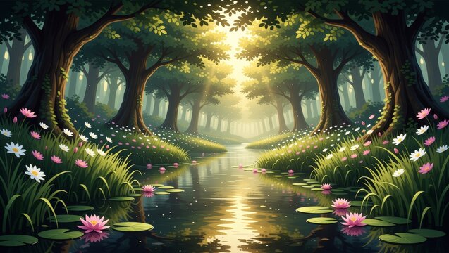Sunlight filtering through forest stream with flowers and lily pads - Powered by Adobe