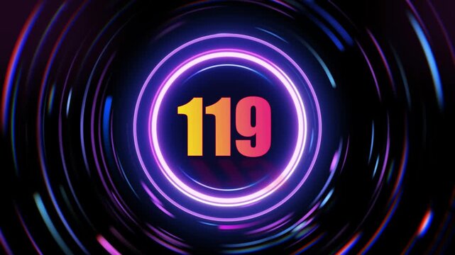 Number one hundred nineteen inside glowing circle with abstract light streaks