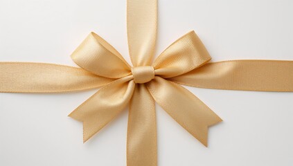Close-up of a perfectly tied golden ribbon bow placed on a clean white backdrop. Soft highlights, luxurious texture, minimalistic and classy presentation for gift wrapping or celebration themes.