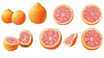 Grapefruit set with clipping path showcasing fresh slices PNG, isolated on transparent background.