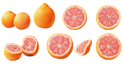 Grapefruit set with clipping path showcasing fresh slices PNG, isolated on transparent background.