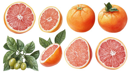 Grapefruit set with clipping path showcasing fresh slices PNG, isolated on transparent background.