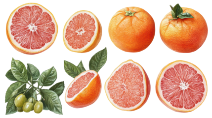 Grapefruit set with clipping path showcasing fresh slices PNG, isolated on transparent background.